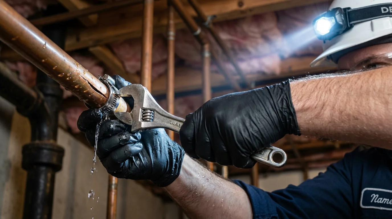 Emergency pipe clamp repair being performed by a Johns Plumbing LLC plumber in Arthur