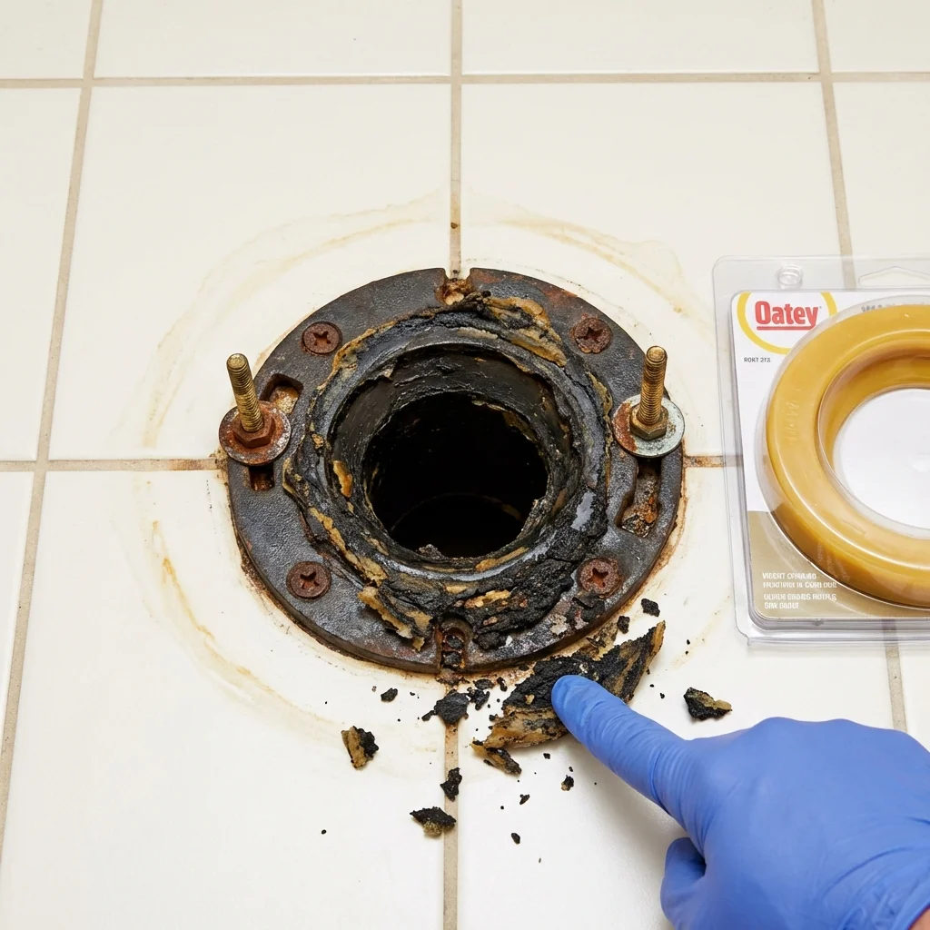 Failed wax ring showing water seepage at the base of a toilet in a Arthur, NE home